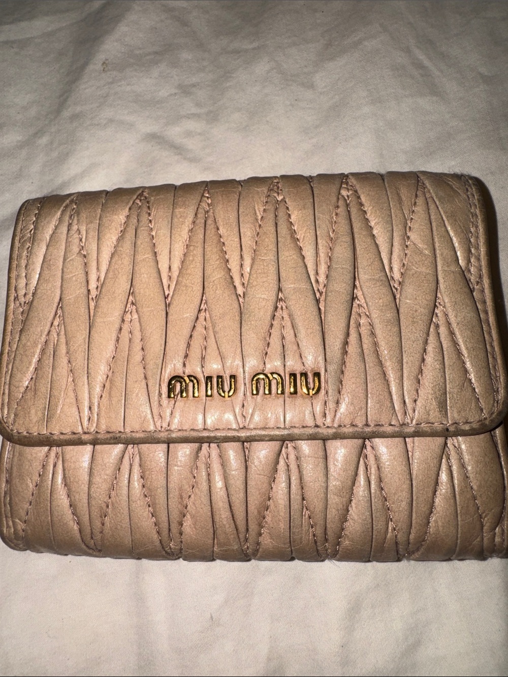 Miu Miu Quilted Matelassé Leather Wallet in Pink-Beige with Gold Logo